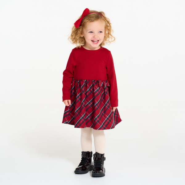 فستان حفلات بنمط مربعات باللون الأحمر للفتيات الصغيرات